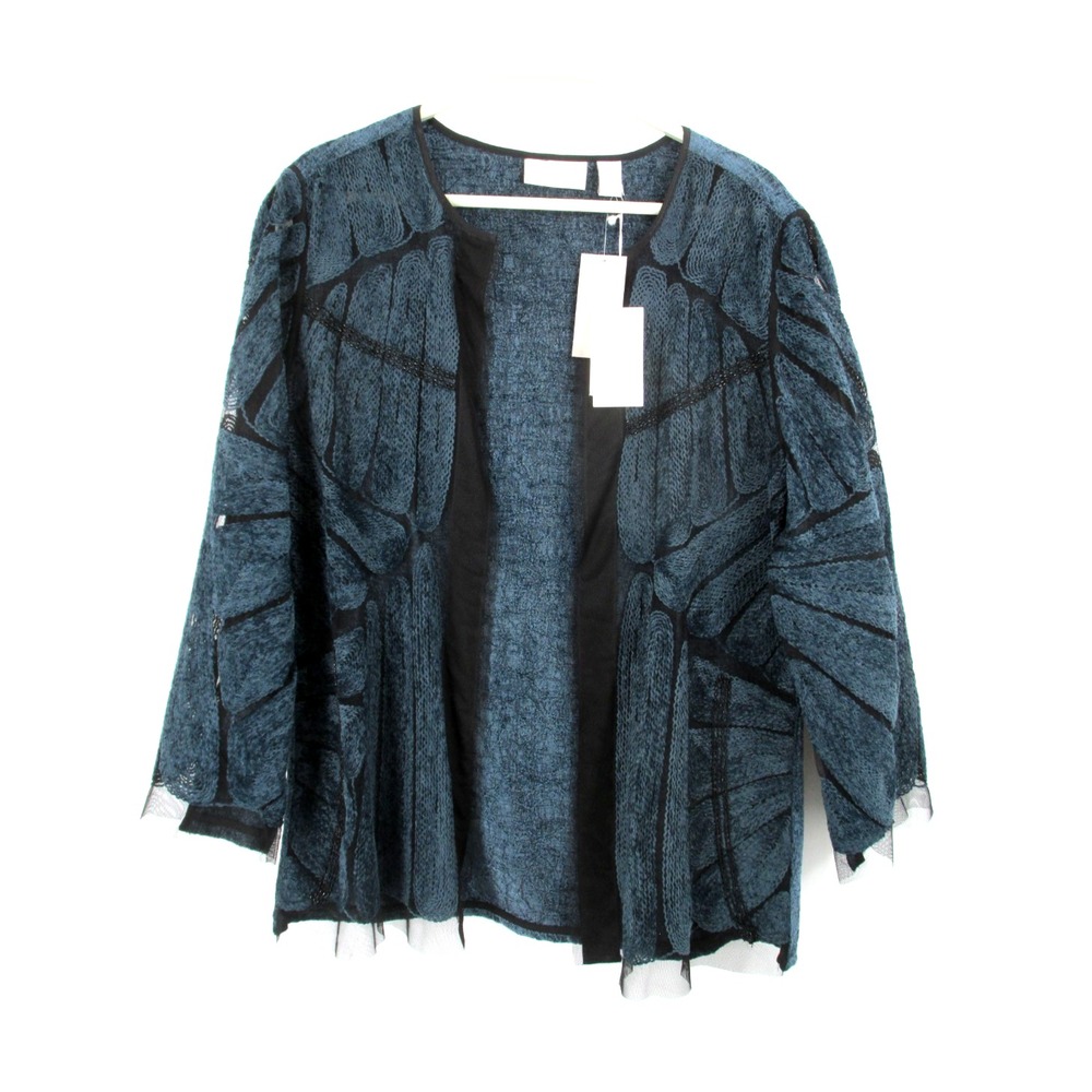 Chico's Women Teal Chenille Cutout Open Blazer Jacket Size 1 M 3/4 Sleeve NEW